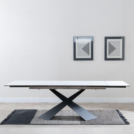 Hayden 6-10 Seater White Ceramic Extending Dining Table with Black Cross Base